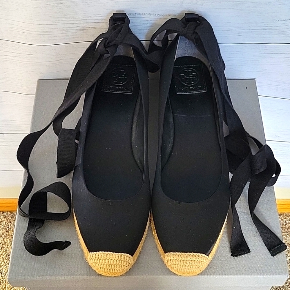 Tori Burch Black Satin Espadrille ankle lace ups size 9 EUC